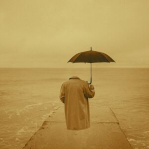 a man walking on a pier holding an umbrella